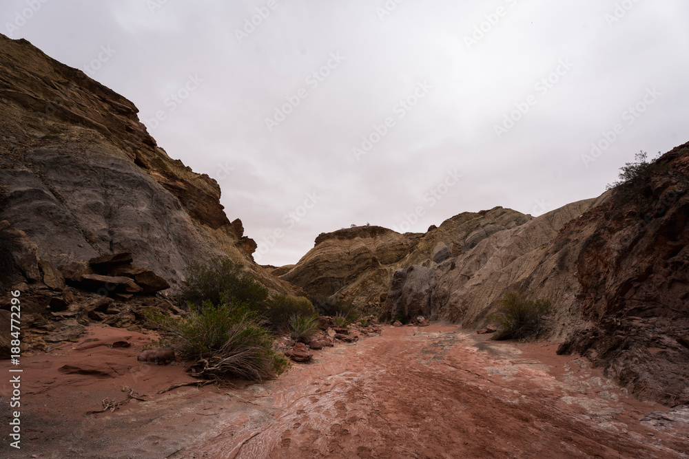 Obraz premium Cañón Arcoiris in Talampaya National Park, La Rioja, Argentina, showcasing vividly colored rock layers formed by ancient sedimentation and erosion in an arid desert landscape.