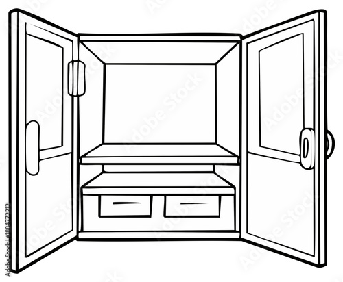 Open wardrobe cartoon illustration, interior design, storage concept, open doors