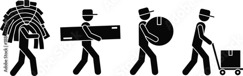 Warehouse workers silhouettes carrying goods and packages in sequence, logistics and delivery illustration representing manual labor, transport process, and supply chain workflow