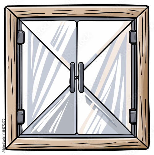 Cartoon window illustration with wood frame and glass panes simple design style