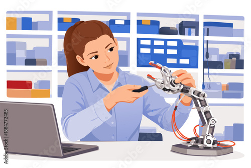 Professional female engineer working on a robotic arm in a modern laboratory.