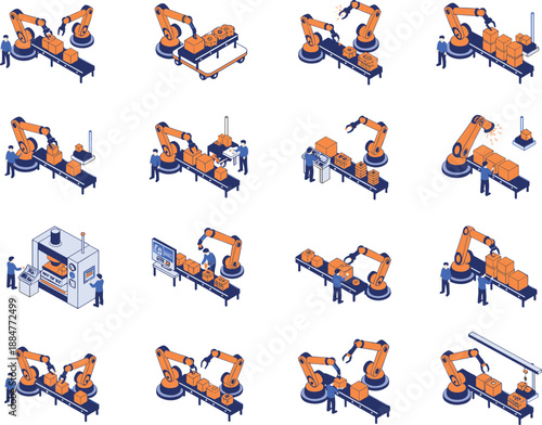 Large isometric set of industrial robotic arms factory workers conveyor belts and smart warehouse automation process vector illustrations.