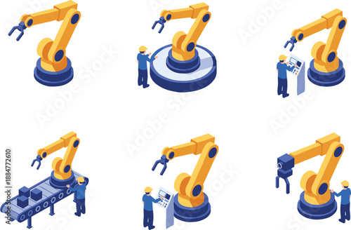 Isometric industrial robotic arm and factory worker set for smart manufacturing automation assembly line and technology concept illustration.