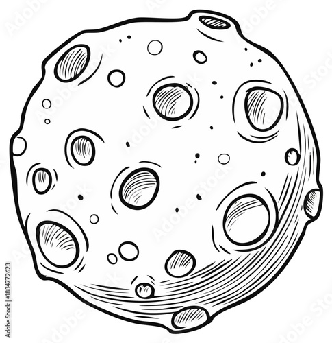 Detailed drawing of a celestial body with craters. Black and white illustration of space object.