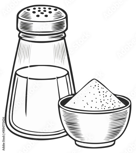 Etched Salt and Pepper Condiments Vintage Style Spice Shaker Bowl Seasoning Illustration for Restaurant Menu Art