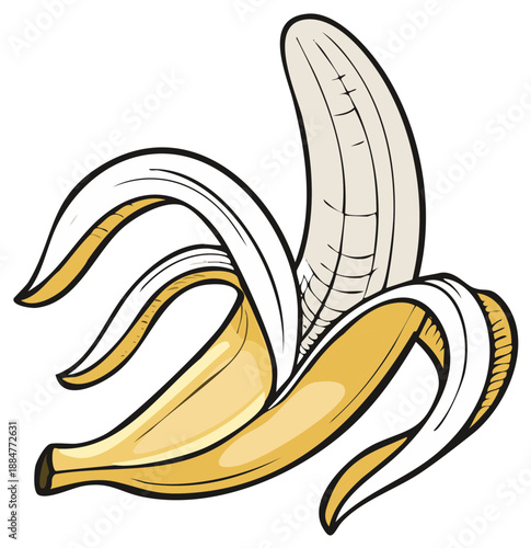 Cartoon Banana Illustration Partially Peeled Revealing Fruit Detail Isolated Close Up