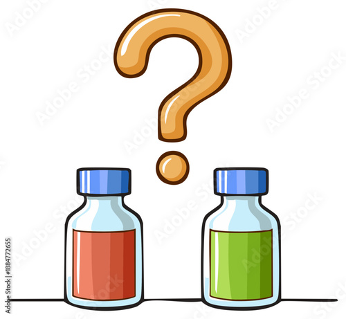 Cartoon illustration of a question mark over vaccine bottles, choice, decision concept