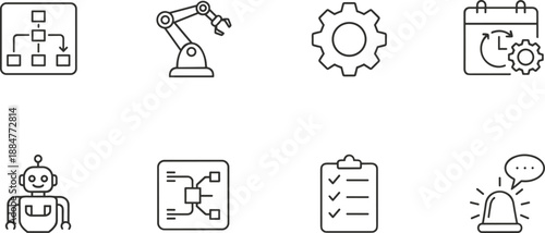 Industrial automation and artificial intelligence thin line icon set featuring robotic arm gear calendar flowchart and warning siren.