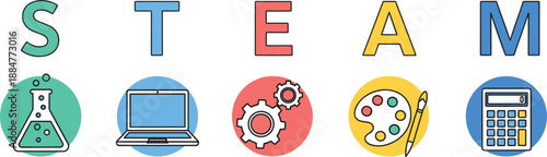 STEAM education concept vector illustration with science tech engineering art and math icons in colorful circles on white.