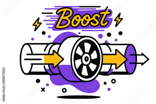 Boosting Inline Fan. Inline Fan Placement. A compact fan hovers between duct segments, bold arrows accelerate through it. A neon tag ?Boost? flashes with speed