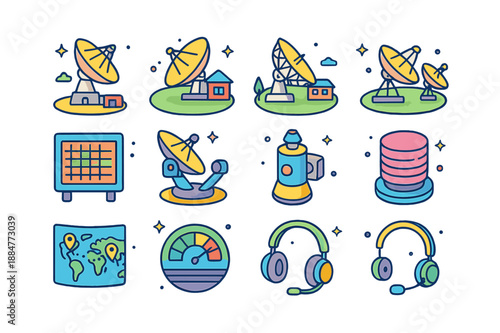 Deep Space Icons. Deep Space Network. Colorful isometric vector icons set of Deep Space Network: Goldstone antenna, Madrid complex, Canberra complex, 70m dish,