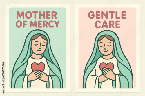 Mother of Mercy Banners. Mother of Mercy. Two vertical A6 banners with safe margins, centered composition, no elements touching edges, cartoon, pastel mint and