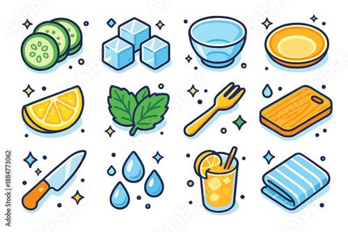 Colorful Cool Treat Icons. Cool treat. Colorful isometric vector icons set of cool treat: cucumber slices, ice cubes, glass bowl, serving plate, lemon wedge,