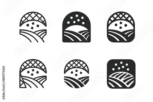 Hailstorm Protection Logos. Hailstorm damage prevention in agriculture. Icon set. Set Logo of Hailstorm damage prevention in agriculture: crop field protected