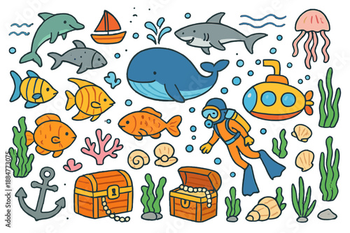 Vibrant Underwater Adventure. Underwater world. Colorful Hand-drawn doodle Children illustration underwater world fish, dolphins, whales, sharks, seaweed,
