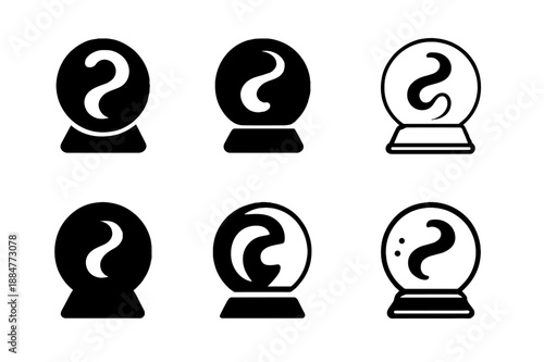Crystal Ball Logos. Crystal ball. Icon set. Set Logo of Crystal ball: scrying smoke swirl. harmonious logo variations of the same emblematic concept, each with