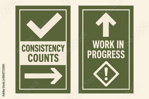Consistency and Progress Banners. Consistency counts. Two vertical A6 banners with safe margins, centered composition, no elements touching edges, geometric,