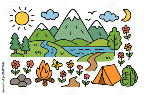 Joyful Mountain Adventure. distant peaks. Colorful Hand-drawn doodle Children illustration distant peaks mountains, hills, trees, river, sun, clouds, birds,