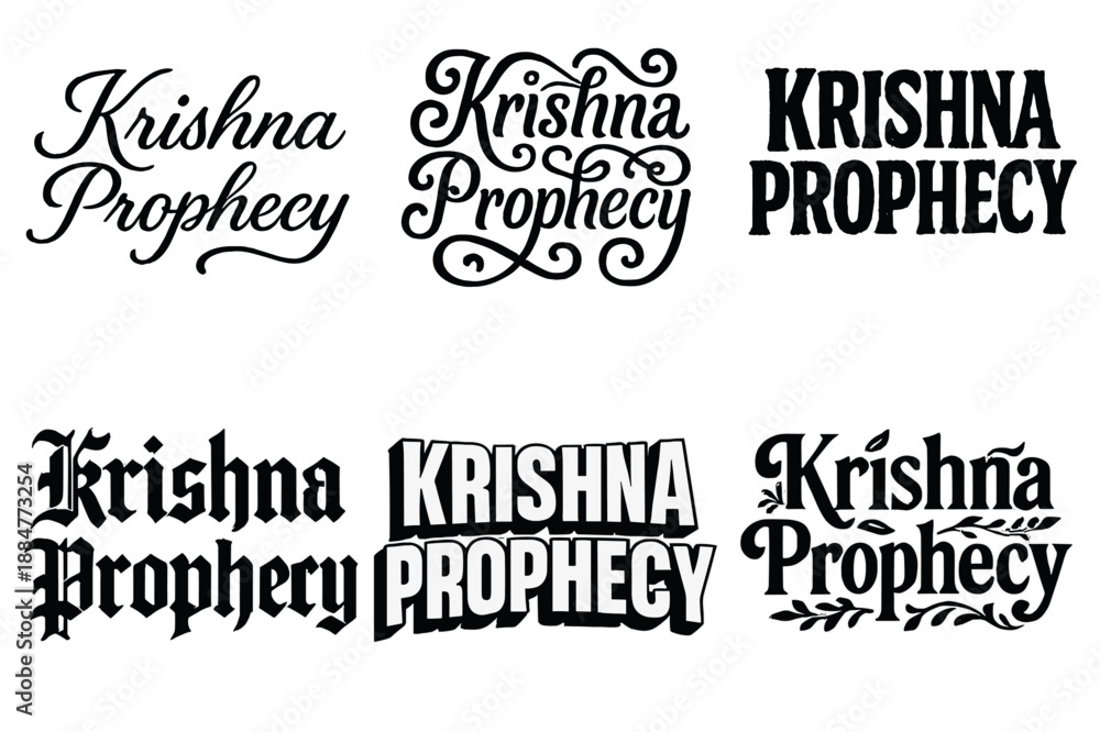 Fototapeta premium Krishna Lettering Styles. Krishna Prophecy. Set lettering. harmonious lettering variations of the same emblematic concept, each with different artistic