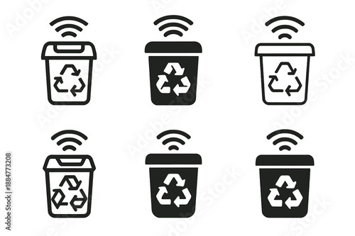 Urban Innovation Icons. Innovative solutions for urban living. Icon set. Set Logo of innovative solutions for urban living: smart waste bin with recycling