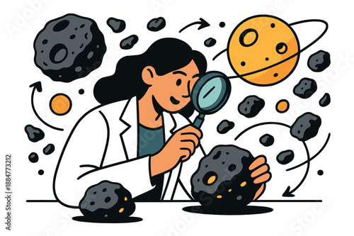 Asteroid Research Scene. Asteroid belt studies. Scientist in lab analyzing asteroid samples with abstract floating celestial icons and orbit lines; conveys