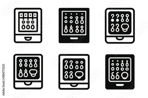 Jewelry Organizer Icons. Organizing jewelry in a drawer organizer. Icon set. Set Logo of Organizing jewelry in a drawer organizer: earring grid display.
