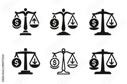 Inflation Deflation Icons. Inflation and deflation. Icon set. Set Logo of Inflation and deflation: scale balancing prices and value. harmonious logo variations