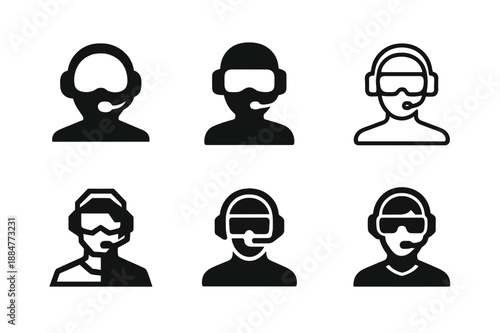E-sports Icon Set. Immersive video gaming and e-sports. Icon set. Set Logo of immersive video gaming and e-sports: player wearing headset and mic. harmonious