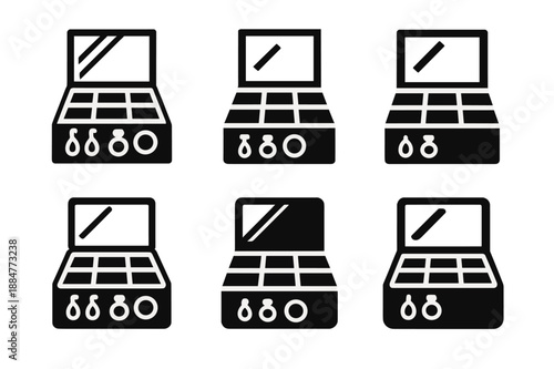 Jewelry Organizer Logos. Organizing jewelry in a drawer organizer. Icon set. Set Logo of Organizing jewelry in a drawer organizer: jewelry box with mirror.