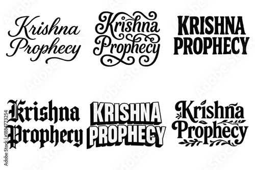 Krishna Lettering Styles. Krishna Prophecy. Set lettering. harmonious lettering variations of the same emblematic concept, each with different artistic