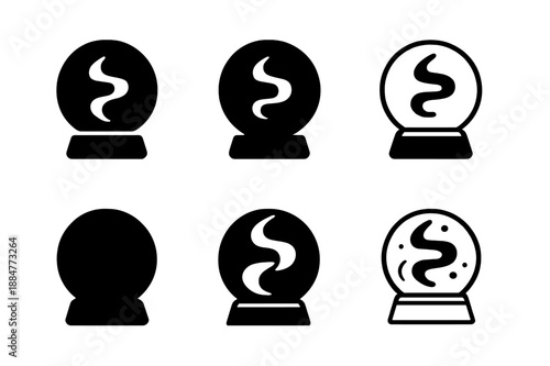 Crystal Ball Logos. Crystal ball. Icon set. Set Logo of Crystal ball: scrying smoke swirl. harmonious logo variations of the same emblematic concept, each with
