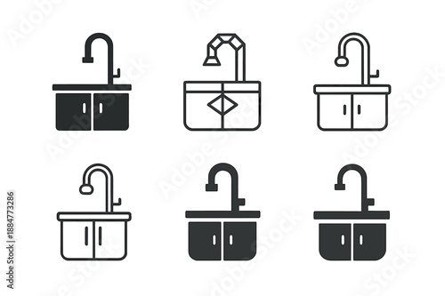 Kitchen Renovation Icons. Home renovation specialists remodeling kitchens. Icon set. Set Logo of Home renovation specialists remodeling kitchens: sink with