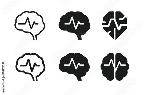 Mental Health Icon Set. Mental health and self-awareness. Icon set. Set Logo of Mental health and self-awareness: brain with heart pulse. harmonious logo