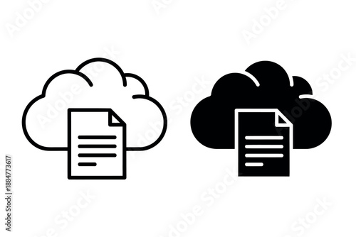 Cloud storage icons with document symbols in black and white