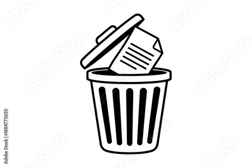 A black and white illustration of a trash can with a document being thrown away