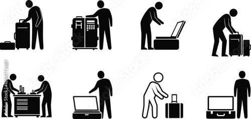 Airport travel process silhouette icon set showing luggage handling, baggage check-in, security screening, packing suitcase, and passenger travel workflow in vector style