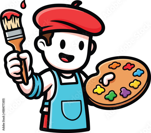 Cartoon Artist Painting with Palette and Brush.