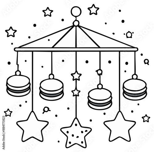 Hand drawn baby mobile with stars and round shapes for nursery decor