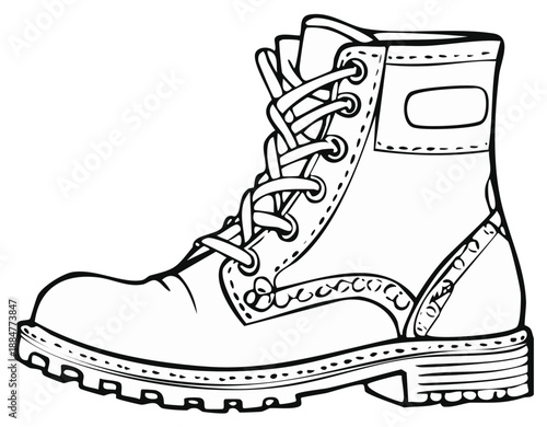 Outline Illustration of Leather Work Boot Laceup Ankle High Footwear Single Item