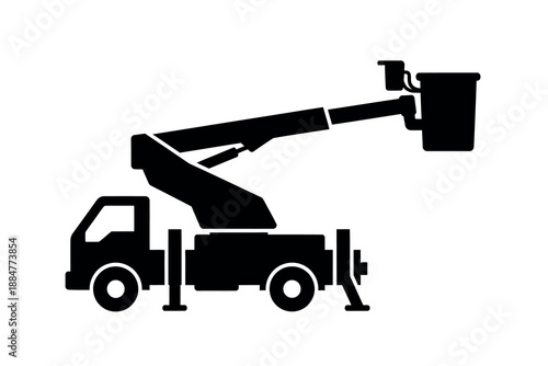 Black silhouette of a truck with a raised aerial lift bucket
