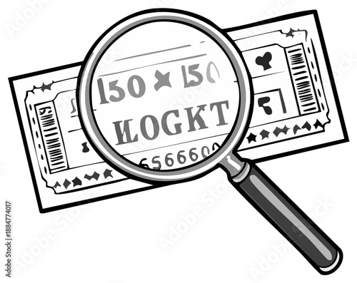 Magnifying Glass Examines Ticket Details revealing Text and Numbers in Close up Examination