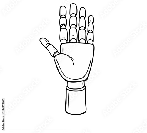 Artistic wooden mannequin hand with articulated fingers showing a thumbs up gesture