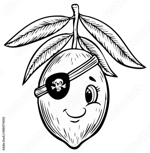 Cartoon Lemon Pirate with Eye Patch Black and White Line Art