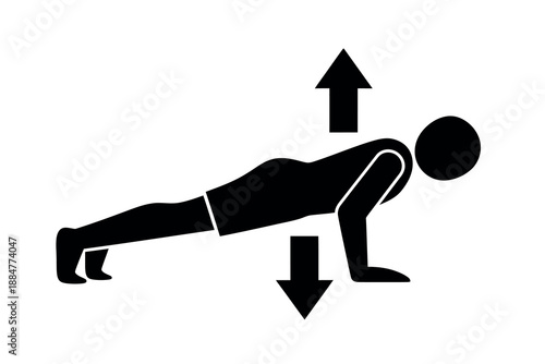 Black silhouette of a person doing pushups with arrows indicating motion