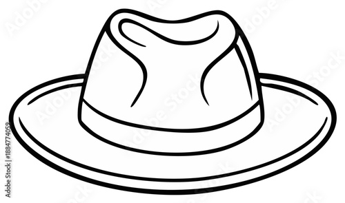 Outlined illustration of a fedora hat with a brim, side view, in black and white.
