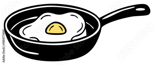 Fried Egg in Skillet, Cartoon Breakfast Food Cooking in a Pan, Sunny-Side Up Egg Clip Art, Kitchen Still Life Illustration