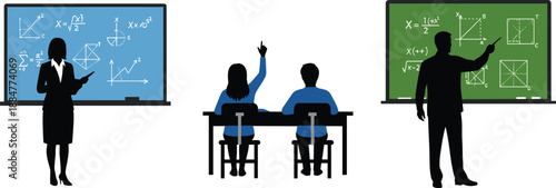 Black silhouette classroom education illustration showing teachers and students at chalkboards with math formulas, learning concepts, and academic teaching scenes in vector style