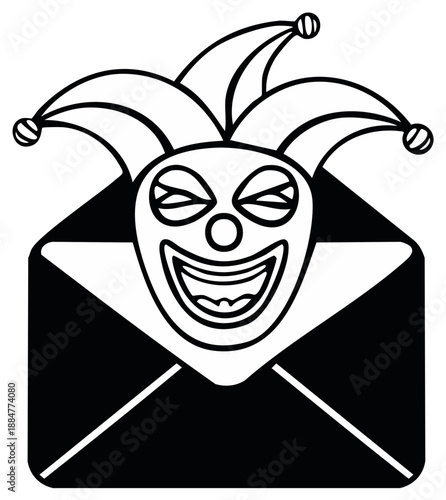 Jester face popping out of an envelope vector illustration, monochrome design.