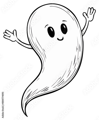 Cartoon ghost character waving hello with happy expression