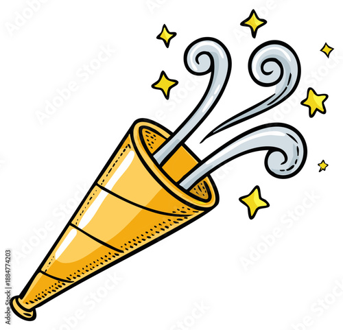 Golden party popper exploding with joyful smoke and twinkling stars